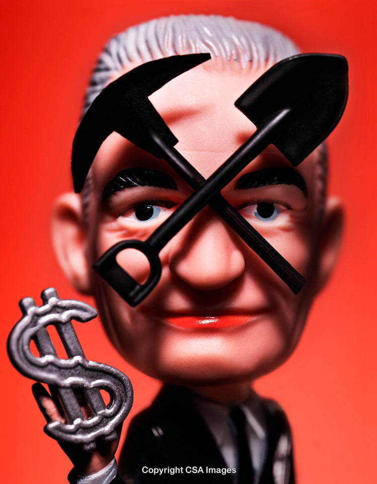 Close-Up of a Plastic Figurine with Tools and Dollar Symbol on Red Background