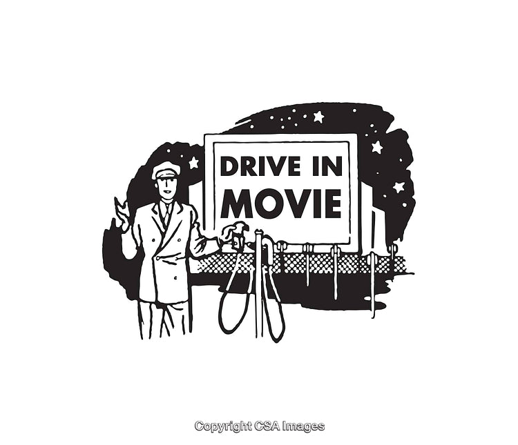 Vintage Drive-In Movie Theater Black And White Line Art Illustration