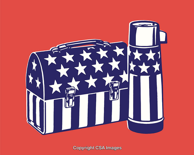 Illustration of Patriotic Lunchbox and Thermos Set on Red Background