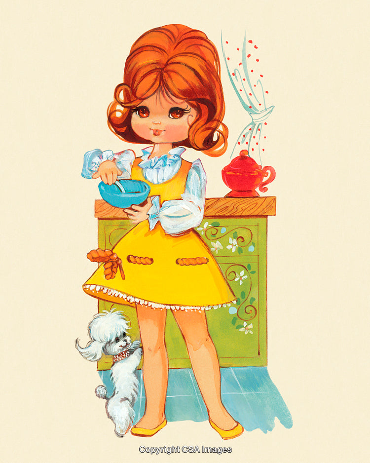 Charming Illustration of a Girl Baking With Her Poodle in a Warm Kitchen