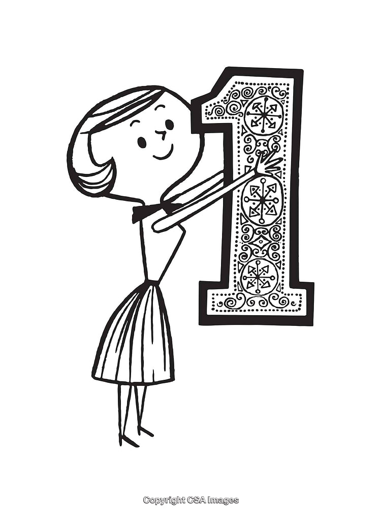 Whimsical Line Art of a Girl Hugging a Decorative Number One