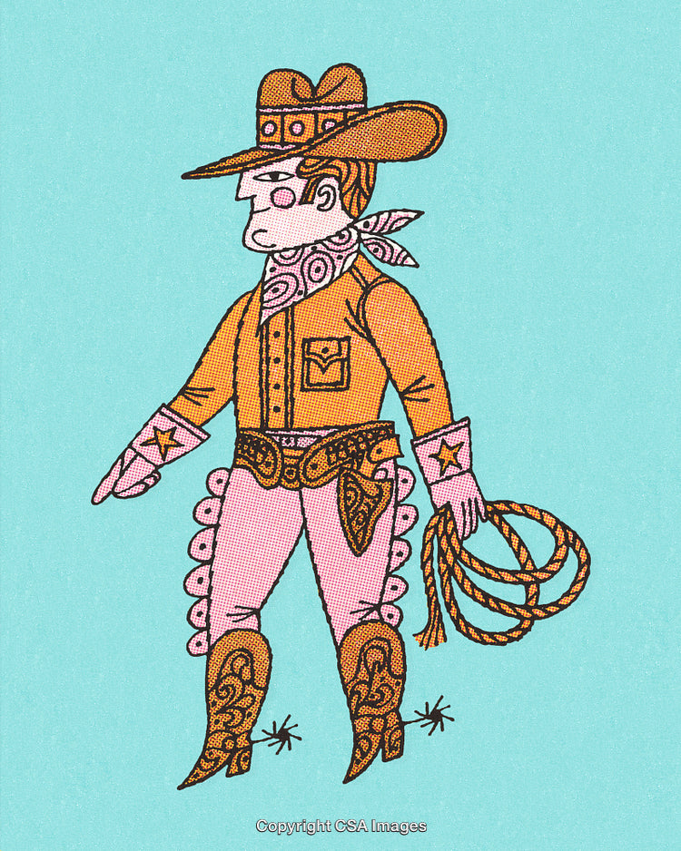 Retro Style Cowboy Illustration with Lasso on Teal Background