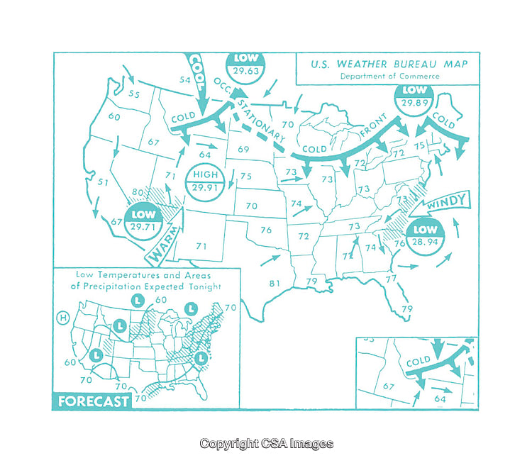 United States Weather Forecast Map Showing Temperatures and Pressure Zones