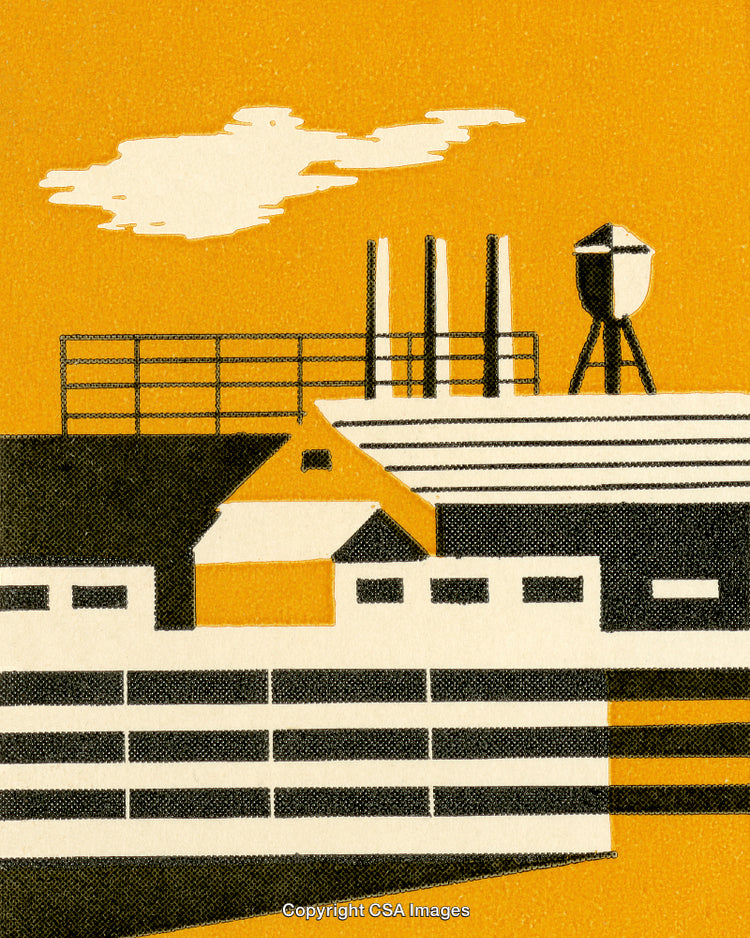 Industrial Building Against Bold Yellow Sky with Architectural Elements and Clouds