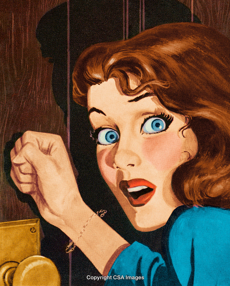 Surprised Woman Knocking by the Door in Retro Artistic Representation