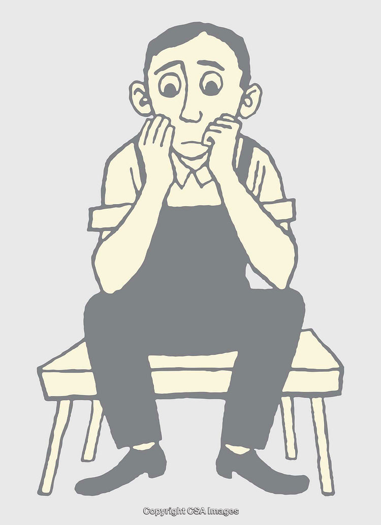 Cartoon Illustration of a Thoughtful Man Sitting on a Wooden Bench