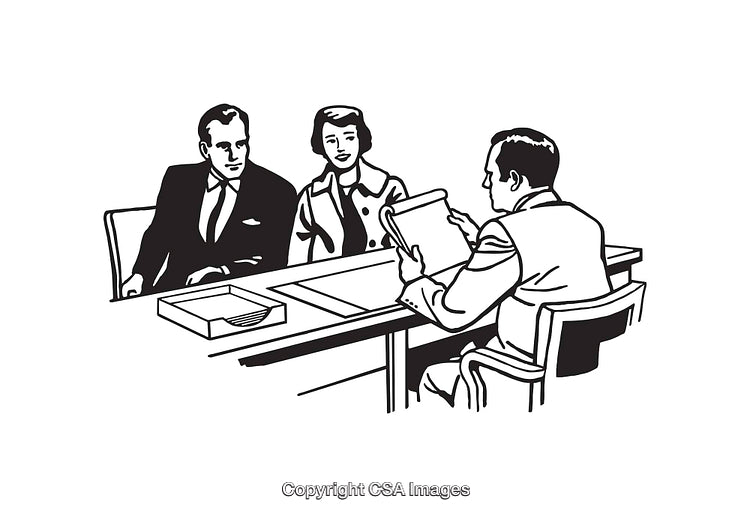 Professional Discussion Around Office Desk in Vintage Black and White Line Art