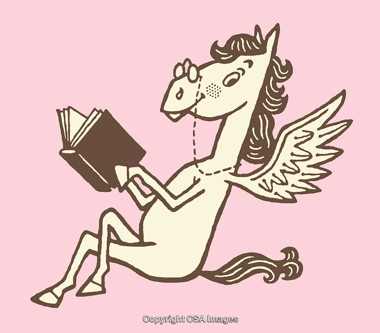 Cartoon Winged Horse Reading a Book on a Pastel Background