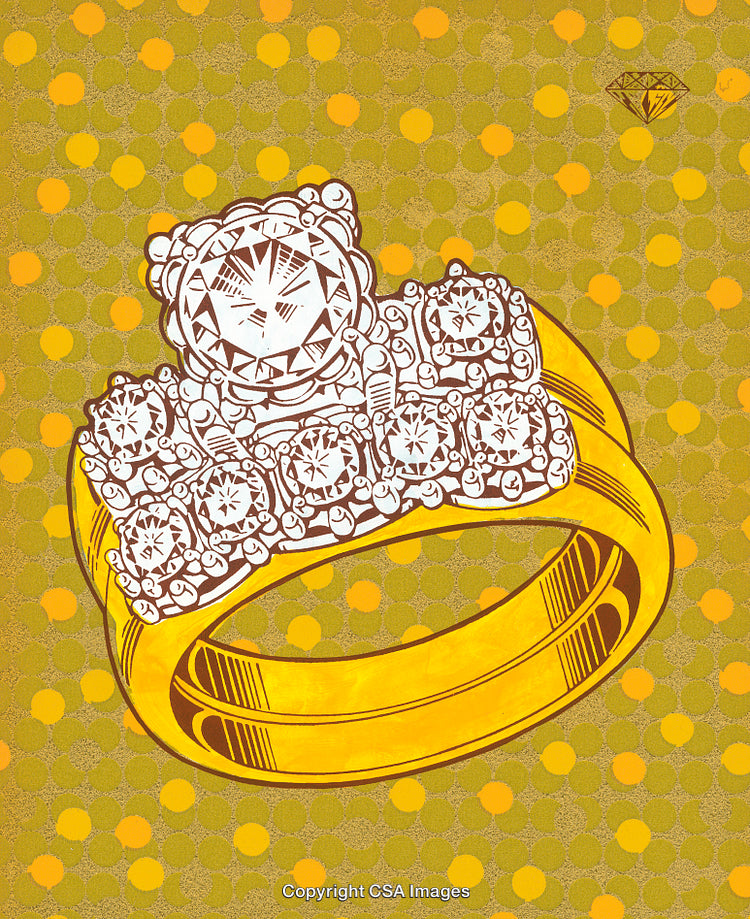Vintage Style Golden Ring Illustration with Diamond Pattern Background