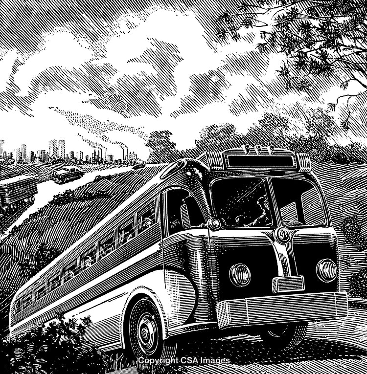 Hand-Drawn Black and White Engraving of a Vintage Bus in Scenic Setting