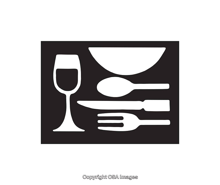 Minimalist Icon Displaying Dinnerware and Utensils in Black and White