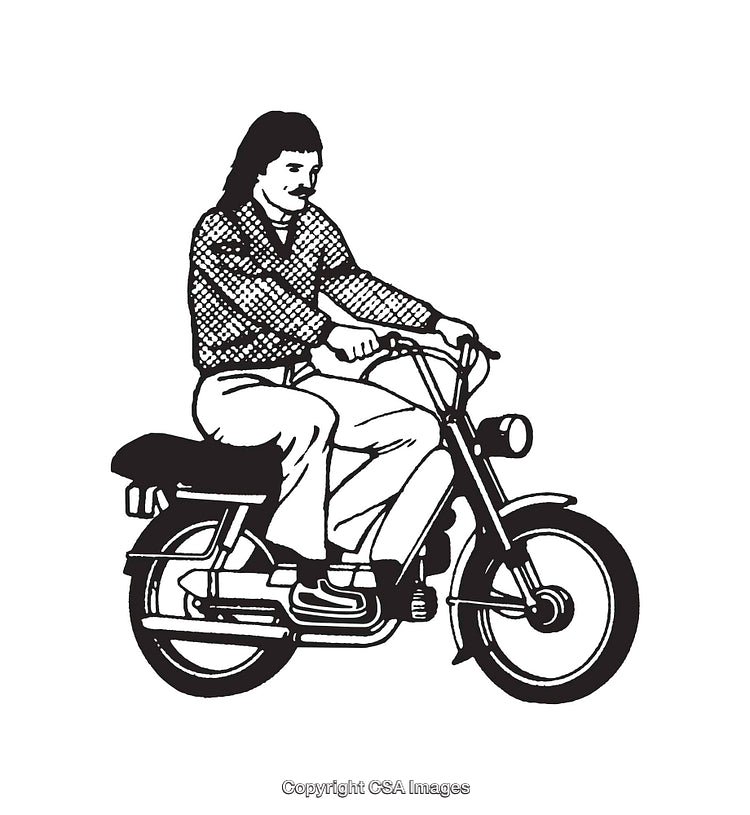 Black and White Line Art Illustration of a Person Riding a Moped