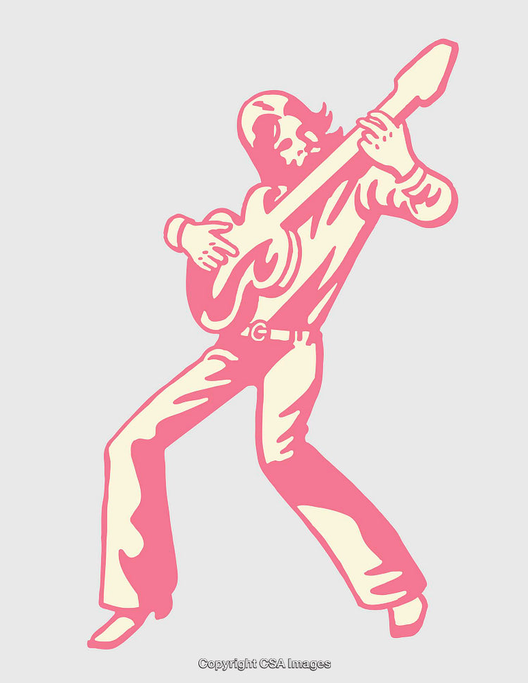 Retro Line Art Guitarist Illustration in Bold Pink and Beige Colors