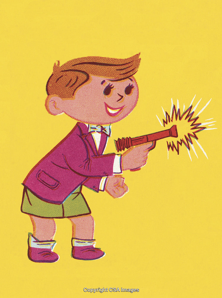 Vintage Artwork of Smiling Boy With Toy Pistol on Yellow Background