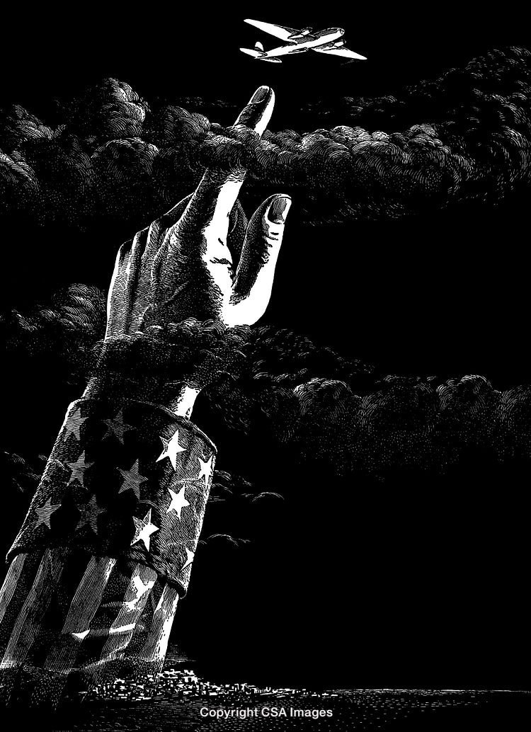 Engraved Black and White Artwork Depicting a Hand Reaching for an Airplane