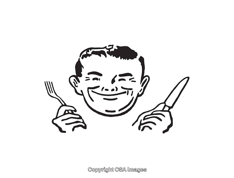 Retro Style Line Art Illustration of a Smiling Man With Utensils