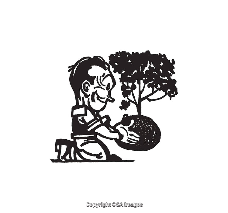 Black and White Illustration of a Character Planting a Tree