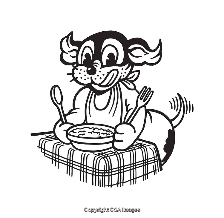 Playful Cartoon Dog Enjoying a Meal with Utensils in Hand