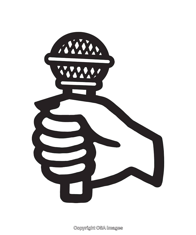 Black and White Illustration of a Hand Holding a Microphone