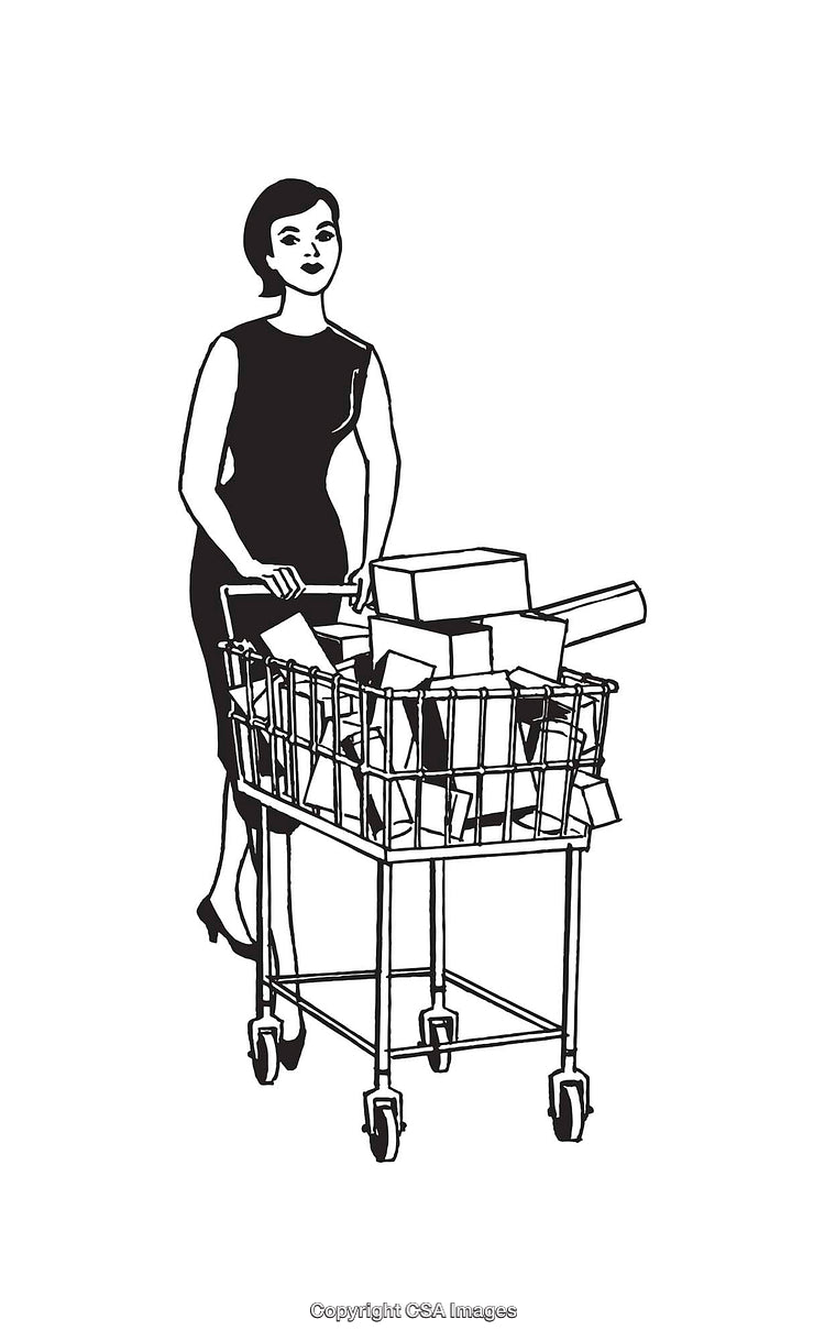 Black and White Line Art of Woman Shopping with Cart