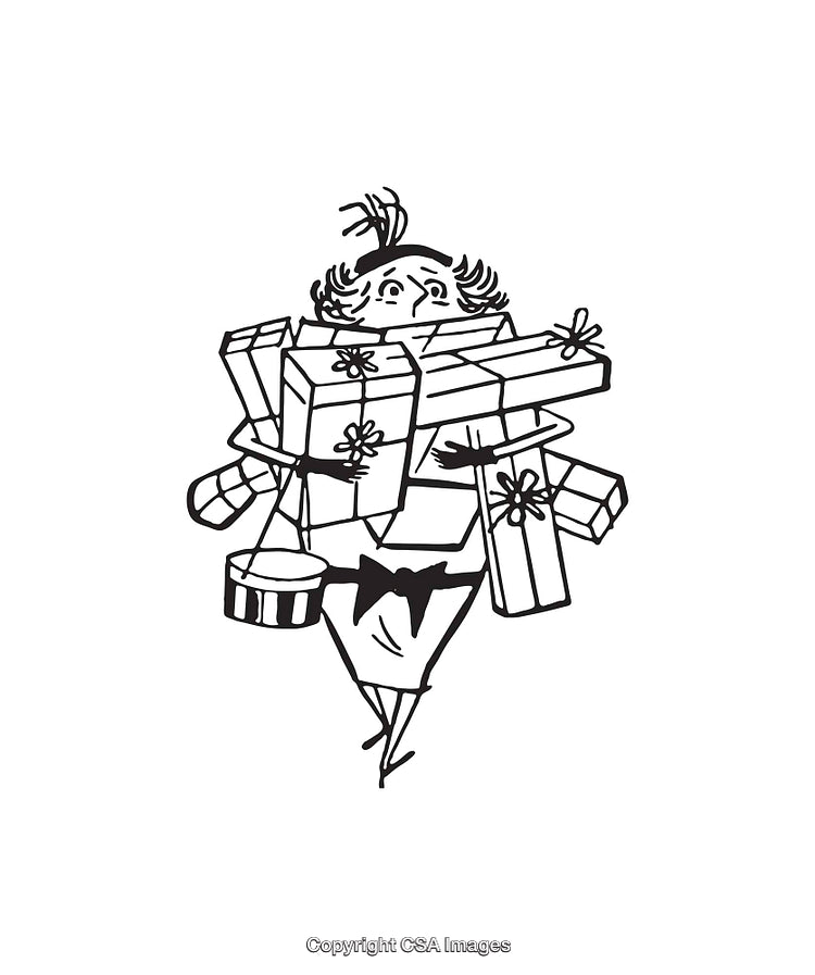 Overwhelmed Shopper Carrying Numerous Gift Boxes in Black and White Illustration