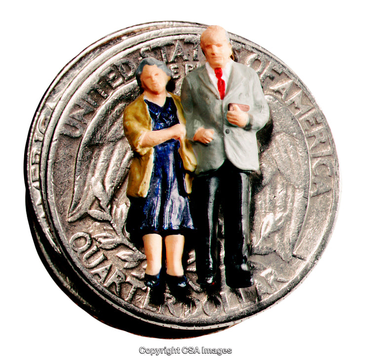 Miniature Figurines of a Couple Standing on a Large Quarter Coin Surface