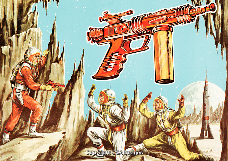 Astronaut Standoff With Laser Pistols on an Alien Moon Landscape