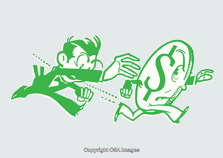 Cartoon Character Chasing a Dollar Coin Depicting Financial Challenges
