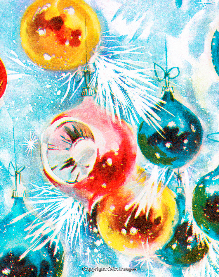 Colorful Holiday Ornaments Hanging on a Frosty Christmas Tree Background