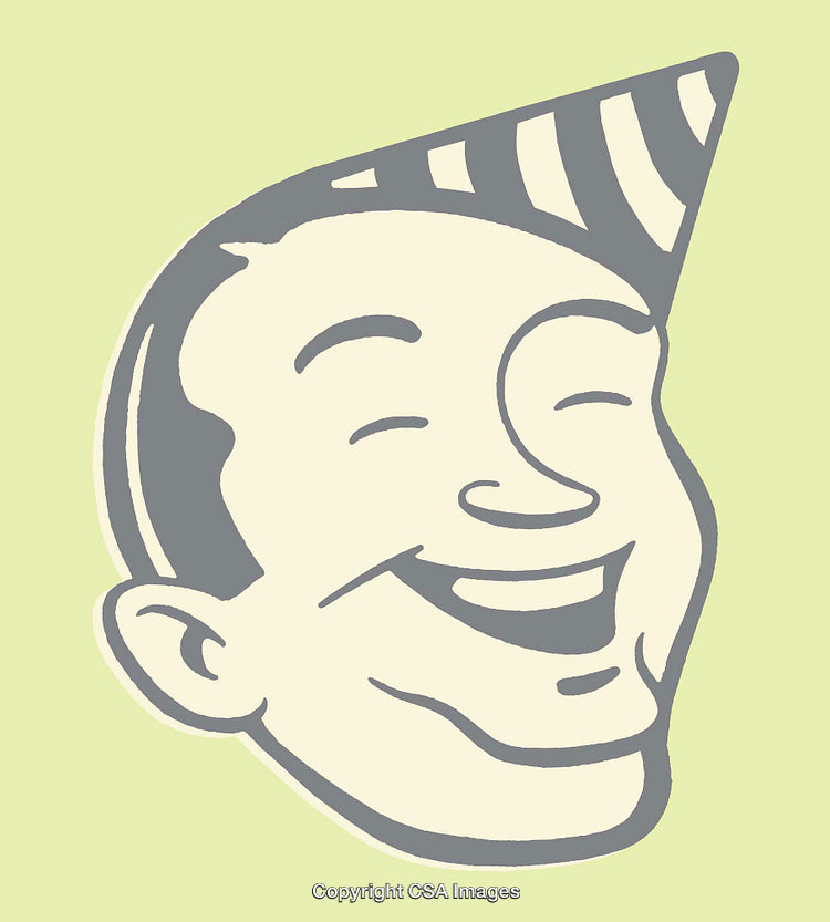 Retro Cartoon Illustration of a Smiling Character in a Party Hat