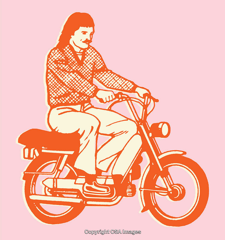 Vintage Line Art Illustration of a Man Riding a Retro Motorbike