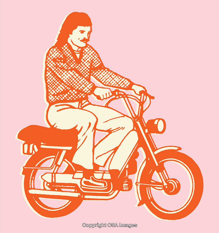 Vintage Line Art Illustration of a Man Riding a Retro Motorbike
