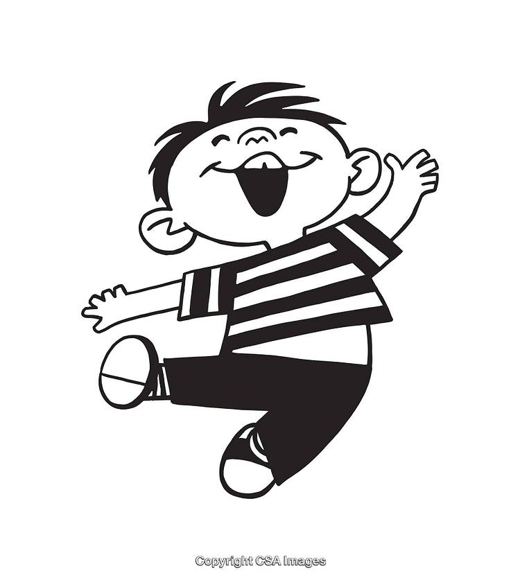 Black and White Line Art of a Happy Jumping Child