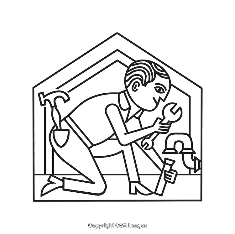Handyman Line Art Illustration with Tools Inside a Home Setting