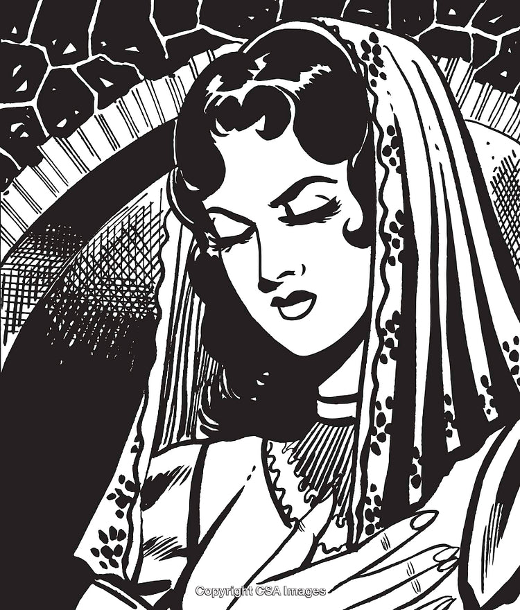 Vintage Black and White Illustration of a Woman in Thoughtful Serenity