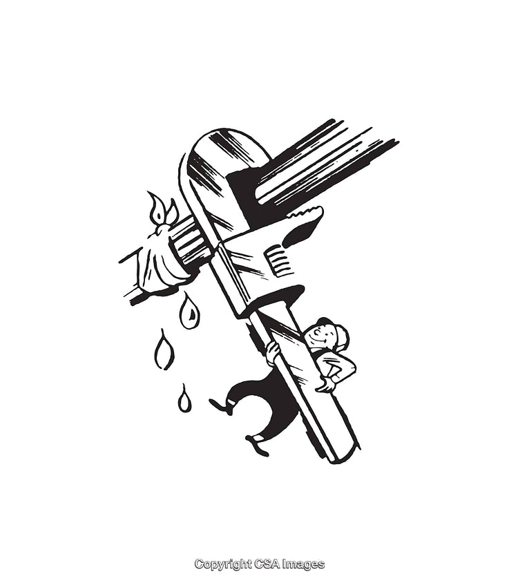 Black And White Line Art Illustration of a Plumber with Wrench