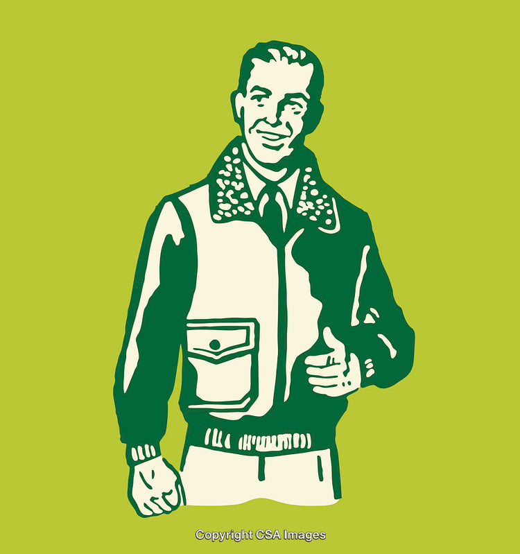 Retro Styled Illustration of Smiling Man in Vintage Jacket on Green Background