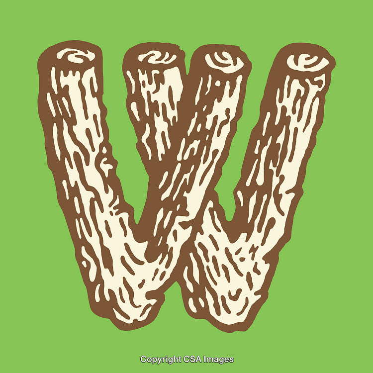 Illustration of a Textured Wooden Letter W on a Green Background