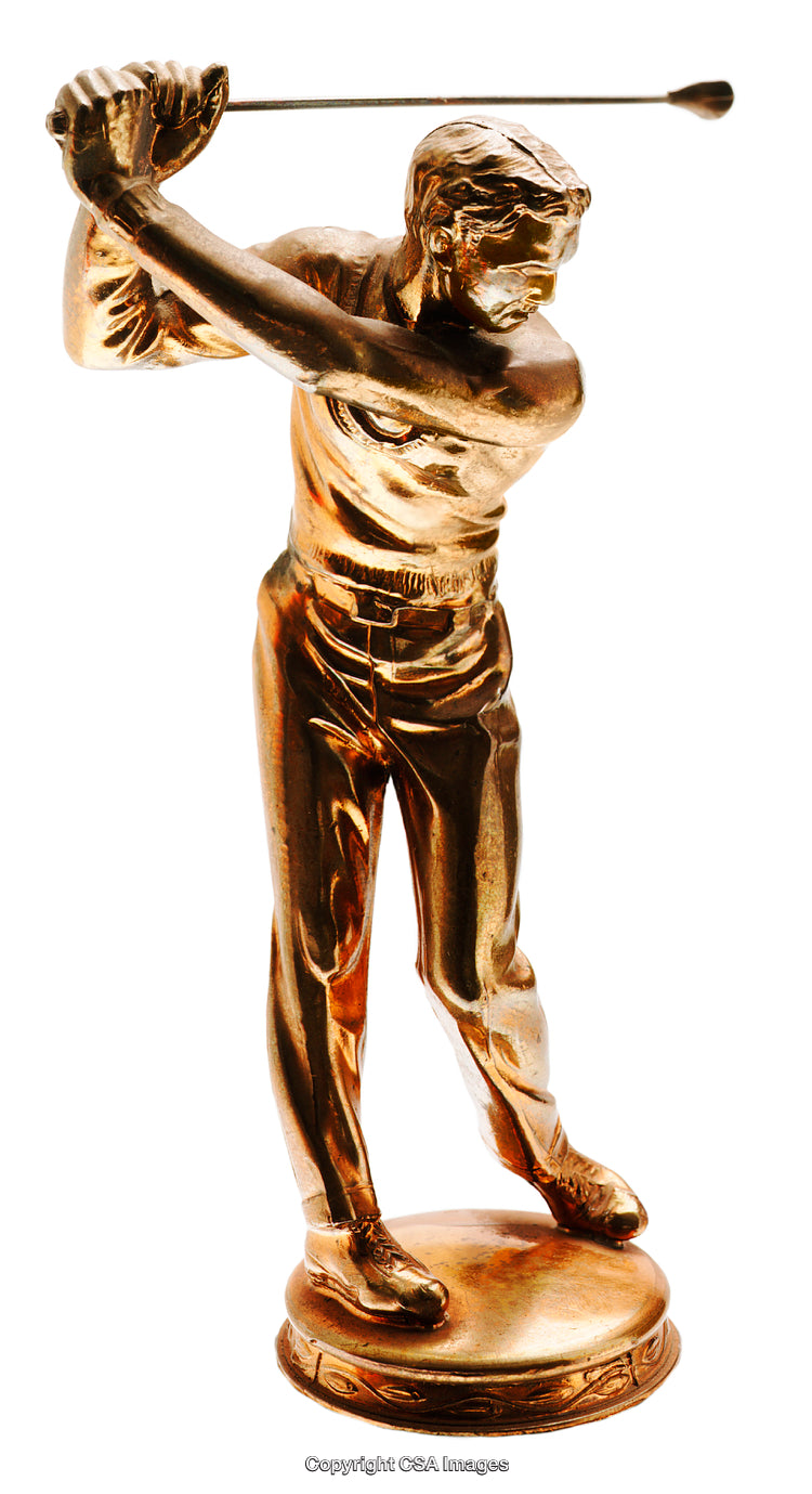 Gold-Colored Figurine of Golfer Posed Mid-Swing