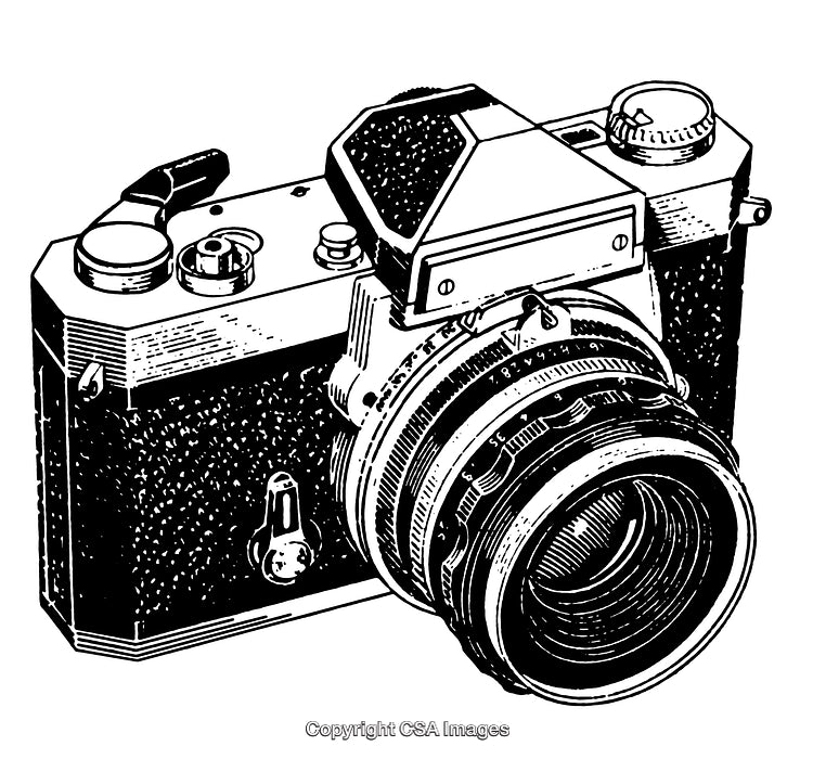 Detailed Engraved Illustration of a Vintage Film Camera in Black and White