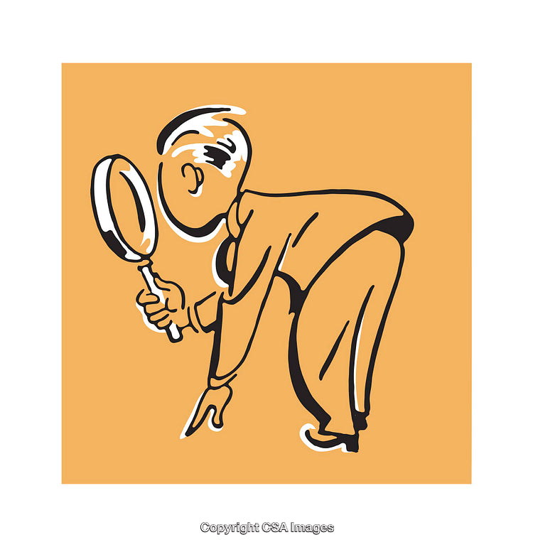 Retro Illustration of Character Holding Magnifying Glass on Orange Background
