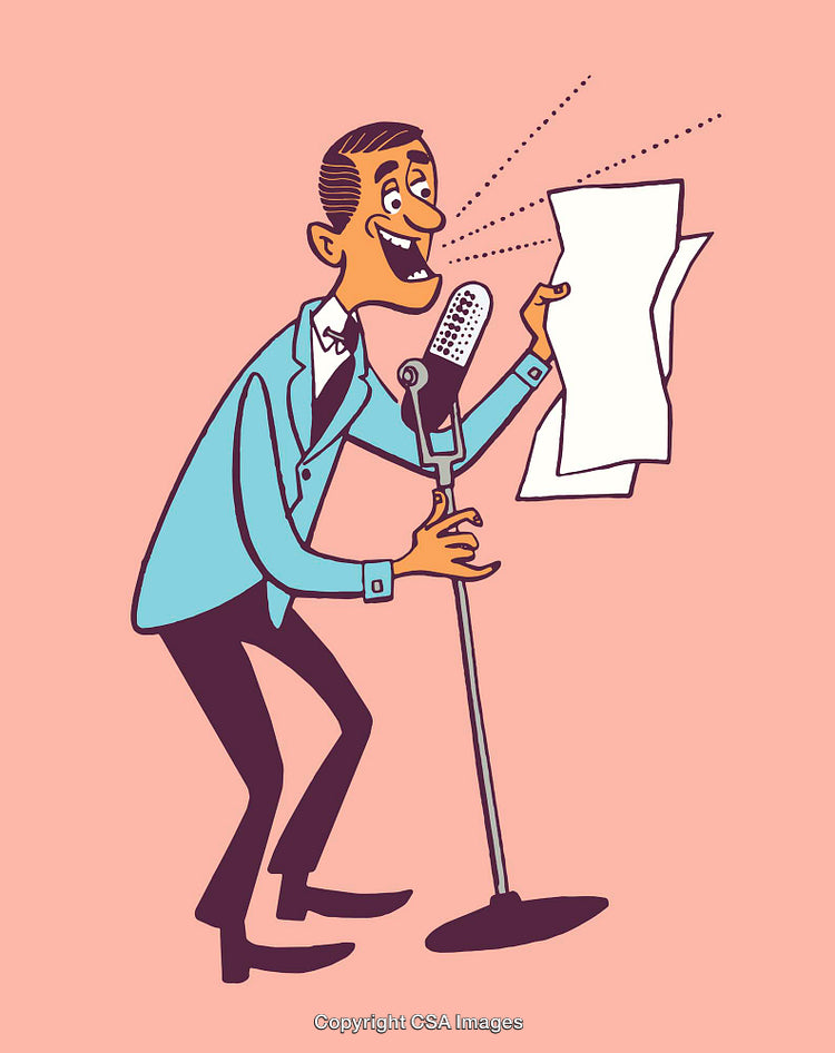 Cartoon Presenter with a Paper in Front of a Microphone