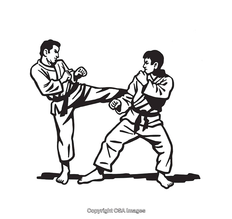 Black and White Line Art of Two Martial Artists Sparring