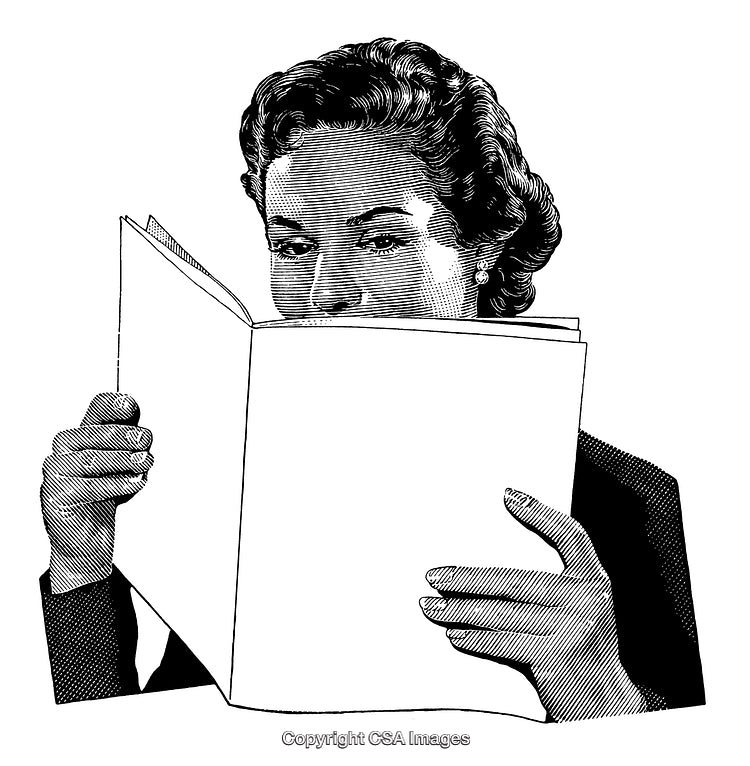 Detailed Engraving of a Woman Reading a Book in Black and White