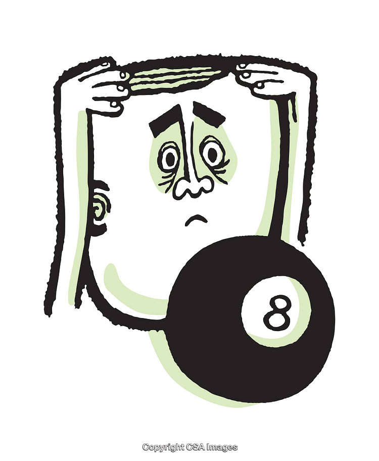 Cartoon Person With Magic 8-Ball Depicting Uncertainty and Curiosity