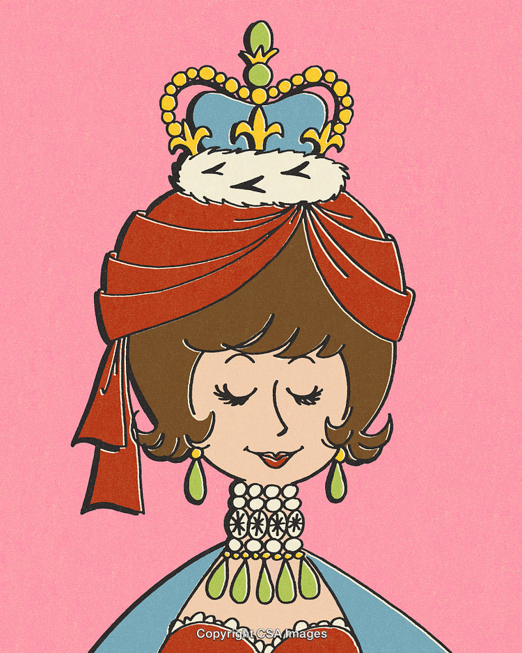 Elegant Cartoon Queen With Crown and Jewel Necklace on Pink Background