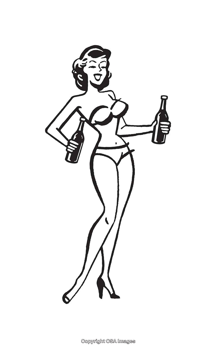 Vintage Style Line Art Illustration of a Woman Holding Two Beverage Bottles