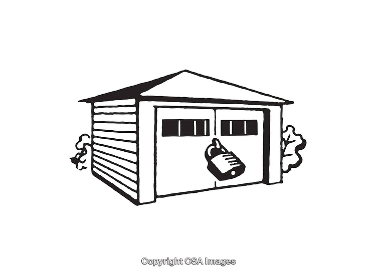 Black and White Line Art of a Garage with Lock and Vegetation