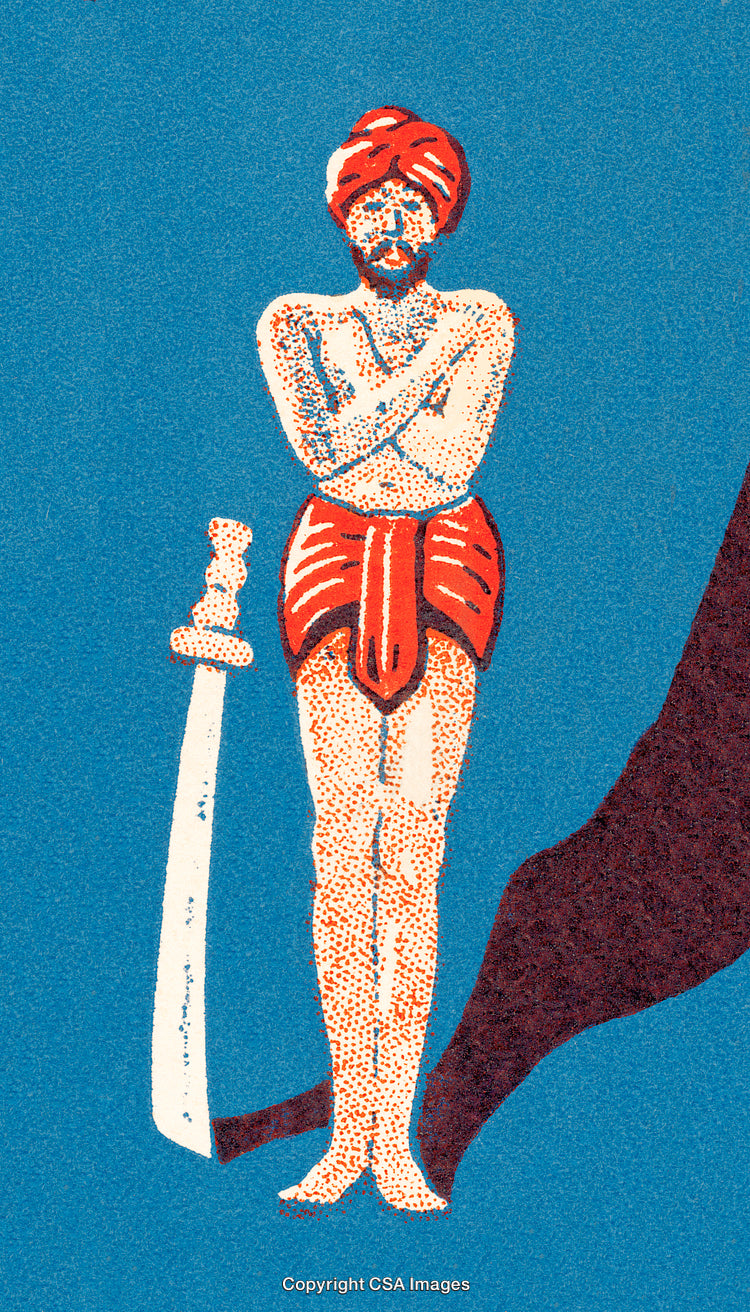 Illustration of a Guard Statue with Sword on Blue Background