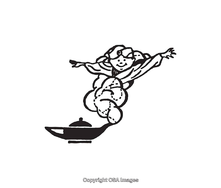 Black and White Line Art of a Genie Emerging From Lamp
